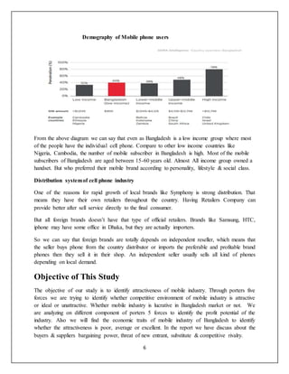 6
Demography of Mobile phone users
From the above diagram we can say that even as Bangladesh is a low income group where most
of the people have the individual cell phone. Compare to other low income countries like
Nigeria, Cambodia, the number of mobile subscriber in Bangladesh is high. Most of the mobile
subscribers of Bangladesh are aged between 15-60 years old. Almost All income group owned a
handset. But who preferred their mobile brand according to personality, lifestyle & social class.
Distribution systemof cell phone industry
One of the reasons for rapid growth of local brands like Symphony is strong distribution. That
means they have their own retailers throughout the country. Having Retailers Company can
provide better after sell service directly to the final consumer.
But all foreign brands doesn’t have that type of official retailers. Brands like Samsung, HTC,
iphone may have some office in Dhaka, but they are actually importers.
So we can say that foreign brands are totally depends on independent reseller, which means that
the seller buys phone from the country distributor or imports the preferable and profitable brand
phones then they sell it in their shop. An independent seller usually sells all kind of phones
depending on local demand.
Objective of This Study
The objective of our study is to identify attractiveness of mobile industry. Through porters five
forces we are trying to identify whether competitive environment of mobile industry is attractive
or ideal or unattractive. Whether mobile industry is lucrative in Bangladesh market or not. We
are analyzing on different component of porters 5 forces to identify the profit potential of the
industry. Also we will find the economic traits of mobile industry of Bangladesh to identify
whether the attractiveness is poor, average or excellent. In the report we have discuss about the
buyers & suppliers bargaining power, threat of new entrant, substitute & competitive rivalry.
 