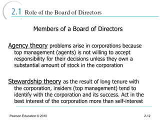 Members of a Board of Directors Agency theory   problems arise in corporations because top management  (agents)  is not willing to accept responsibility for their decisions unless they own a substantial amount of stock in the corporation Stewardship theory   as the result of long tenure with the corporation, insiders (top management) tend to identify with the corporation and its success. Act in the best interest of the corporation more than self-interest Pearson Education © 2010 2- 