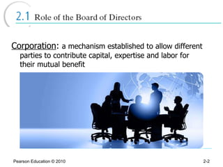 Corporation :  a mechanism established to allow different parties to contribute capital, expertise and labor for their mutual benefit Pearson Education © 2010 2- 