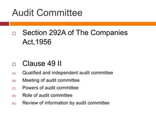 Audit Committee

     Section 292A of The Companies
      Act,1956

     Clause 49 II
(A)   Qualified and independent audit committee
(B)   Meeting of audit committee
(C)   Powers of audit committee
(D)   Role of audit committee
(E)   Review of information by audit committee
 