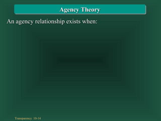 Transparency 10-14
Agency TheoryAgency Theory
An agency relationship exists when:An agency relationship exists when:
 