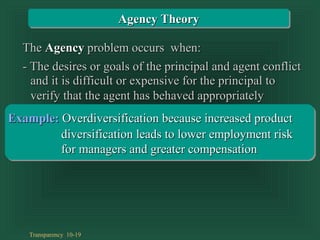 Transparency 10-19
TheThe AgencyAgency problem occurs when:problem occurs when:
- The desires or goals of the principal and agent conflict- The desires or goals of the principal and agent conflict
and it is difficult or expensive for the principal toand it is difficult or expensive for the principal to
verify that the agent has behaved appropriatelyverify that the agent has behaved appropriately
Example:Example: Overdiversification because increased productOverdiversification because increased product
diversification leads to lower employment riskdiversification leads to lower employment risk
for managers and greater compensationfor managers and greater compensation
Agency TheoryAgency Theory
 