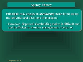 Transparency 10-25
Principals may engage inPrincipals may engage in monitoringmonitoring behavior to assessbehavior to assess
the activities and decisions of managersthe activities and decisions of managers
- However, dispersed shareholding makes it difficult and- However, dispersed shareholding makes it difficult and
and inefficient to monitor management’s behaviorand inefficient to monitor management’s behavior
Agency TheoryAgency Theory
 