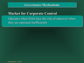 Transparency 10-50
Market for Corporate ControlMarket for Corporate Control
Operates when firms face the risk of takeover whenOperates when firms face the risk of takeover when
they are operated inefficientlythey are operated inefficiently
Governance MechanismsGovernance Mechanisms
 