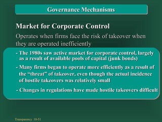 Transparency 10-51
Market for Corporate ControlMarket for Corporate Control
Operates when firms face the risk of takeover whenOperates when firms face the risk of takeover when
they are operated inefficientlythey are operated inefficiently
- Changes in regulations have made hostile takeovers difficult- Changes in regulations have made hostile takeovers difficult
- Many firms began to operate more efficiently as a result of- Many firms began to operate more efficiently as a result of
- The 1980s saw active market for corporate control, largely- The 1980s saw active market for corporate control, largely
as a result of available pools of capital (junk bonds)as a result of available pools of capital (junk bonds)
the “threat” of takeover, even though the actual incidencethe “threat” of takeover, even though the actual incidence
of hostile takeovers was relatively smallof hostile takeovers was relatively small
Governance MechanismsGovernance Mechanisms
 