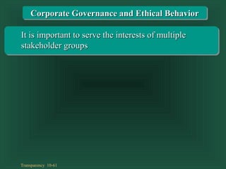 Transparency 10-61
It is important to serve the interests of multipleIt is important to serve the interests of multiple
stakeholder groupsstakeholder groups
Corporate Governance and Ethical BehaviorCorporate Governance and Ethical Behavior
 