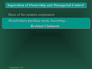Transparency 10-9
Basis of the modern corporationBasis of the modern corporation
Shareholders purchase stock, becoming...Shareholders purchase stock, becoming...
Residual ClaimantsResidual Claimants
Separation of Ownership and Managerial ControlSeparation of Ownership and Managerial Control
 