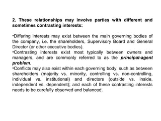 2. These relationships may involve parties with different and
sometimes contrasting interests:
•Differing interests may exist between the main governing bodies of
the company, i.e. the shareholders, Supervisory Board and General
Director (or other executive bodies).
•Contrasting interests exist most typically between owners and
managers, and are commonly referred to as the principal-agent
problem.
•Conflicts may also exist within each governing body, such as between
shareholders (majority vs. minority, controlling vs. non-controlling,
individual vs. institutional) and directors (outside vs. inside,
independent vs. dependent); and each of these contrasting interests
needs to be carefully observed and balanced.

 