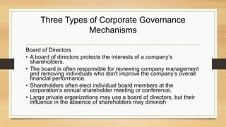 Three Types of Corporate Governance
Mechanisms
Board of Directors
• A board of directors protects the interests of a company’s
shareholders.
• The board is often responsible for reviewing company management
and removing individuals who don't improve the company’s overall
financial performance.
• Shareholders often elect individual board members at the
corporation’s annual shareholder meeting or conference.
• Large private organizations may use a board of directors, but their
influence in the absence of shareholders may diminish
 