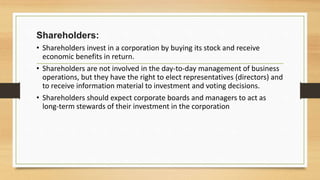 Shareholders:
• Shareholders invest in a corporation by buying its stock and receive
economic benefits in return.
• Shareholders are not involved in the day-to-day management of business
operations, but they have the right to elect representatives (directors) and
to receive information material to investment and voting decisions.
• Shareholders should expect corporate boards and managers to act as
long-term stewards of their investment in the corporation
 
