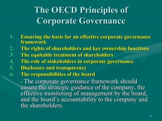10
The OECD Principles of
Corporate Governance
1. Ensuring the basis for an effective corporate governance
framework
2. Th...
