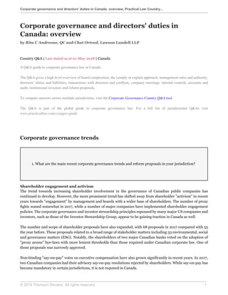Corporate governance and directors' duties in Canada: overview, Practical Law Country...
© 2019 Thomson Reuters. All right...