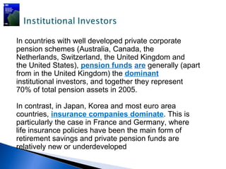 In countries with well developed private corporate
pension schemes (Australia, Canada, the
Netherlands, Switzerland, the United Kingdom and
the United States), pension funds are generally (apart
from in the United Kingdom) the dominant
institutional investors, and together they represent
70% of total pension assets in 2005.

In contrast, in Japan, Korea and most euro area
countries, insurance companies dominate. This is
particularly the case in France and Germany, where
life insurance policies have been the main form of
retirement savings and private pension funds are
relatively new or underdeveloped
 