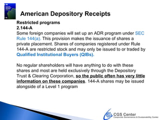 American Depository Receipts
Restricted programs
2.144-A
Some foreign companies will set up an ADR program under SEC
Rule 144(a). This provision makes the issuance of shares a
private placement. Shares of companies registered under Rule
144-A are restricted stock and may only be issued to or traded by
Qualified Institutional Buyers (QIBs).

No regular shareholders will have anything to do with these
shares and most are held exclusively through the Depository
Trust & Clearing Corporation, so the public often has very little
information on these companies. 144-A shares may be issued
alongside of a Level 1 program
 