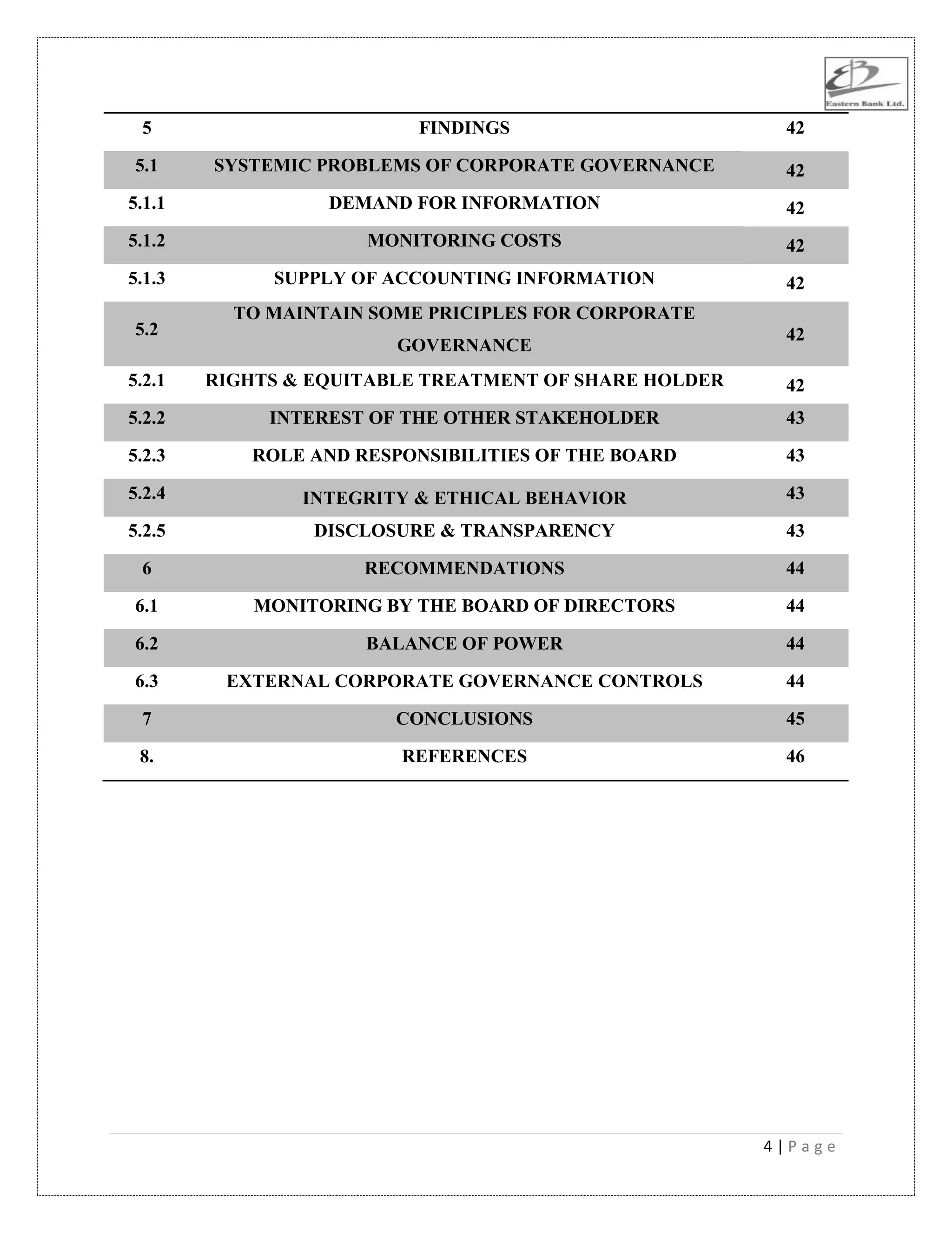 4 | P a g e
5 FINDINGS 42
5.1 SYSTEMIC PROBLEMS OF CORPORATE GOVERNANCE 42
5.1.1 DEMAND FOR INFORMATION 42
5.1.2 MONITORING COSTS 42
5.1.3 SUPPLY OF ACCOUNTING INFORMATION 42
5.2
TO MAINTAIN SOME PRICIPLES FOR CORPORATE
GOVERNANCE
42
5.2.1 RIGHTS & EQUITABLE TREATMENT OF SHARE HOLDER 42
5.2.2 INTEREST OF THE OTHER STAKEHOLDER 43
5.2.3 ROLE AND RESPONSIBILITIES OF THE BOARD 43
5.2.4 INTEGRITY & ETHICAL BEHAVIOR 43
5.2.5 DISCLOSURE & TRANSPARENCY 43
6 RECOMMENDATIONS 44
6.1 MONITORING BY THE BOARD OF DIRECTORS 44
6.2 BALANCE OF POWER 44
6.3 EXTERNAL CORPORATE GOVERNANCE CONTROLS 44
7 CONCLUSIONS 45
8. REFERENCES 46
 