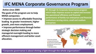 IFC through its Corporate Governance program
which helps improve access to capital and increase
the operational efficiency and financial
performance of family-run enterprises and financial
institutions serving micro, small and medium
enterprises
“Corporate governance is about shining a light through the whole organization.”
IFC MENA Corporate Governance Program
The goals of the program are to help
MENA companies:
• Improve access to affordable financing
leading to greater investment, higher
growth, and more employment.
• Improve performance through better
strategic decision making and
managerial oversight leading to more
efficient management and better asset
allocation.
Active since 2005
 