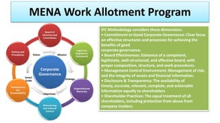 MENA Work Allotment Program
IFC Methodology considers these dimensions:
• Commitment to Good Corporate Governance: Clear focus
on effective structures and processes for achieving the
benefits of good
corporate governance.
• Board Effectiveness: Existence of a competent,
legitimate, well-structured, and effective board, with
proper composition, structure, and work procedures.
• Management Control Environment: Management of risk;
and the integrity of assets and financial information.
• Disclosure & Transparency: The availability of
timely, accurate, relevant, complete, and actionable
information equally to shareholders
• Shareholder Practices: The equal treatment of all
shareholders, including protection from abuse from
company insiders.
 