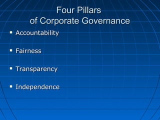 Four PillarsFour Pillars
of Corporate Governanceof Corporate Governance
 AccountabilityAccountability
 FairnessFairness
 TransparencyTransparency
 IndependenceIndependence
 