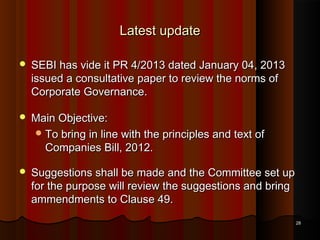 Latest update


SEBI has vide it PR 4/2013 dated January 04, 2013
issued a consultative paper to review the norms of
Corporate Governance.



Main Objective:
 To bring in line with the principles and text of
Companies Bill, 2012.



Suggestions shall be made and the Committee set up
for the purpose will review the suggestions and bring
ammendments to Clause 49.
28

 