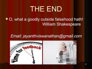 THE END
 O,

what a goodly outside falsehood hath!
William Shakespeare

Email: jayanthviswanathan@gmail.com

29

 