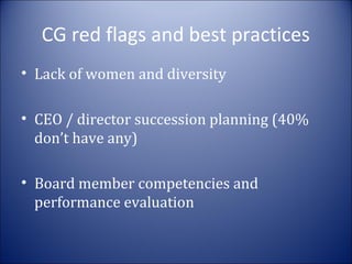 CG red flags and best practices
• Lack of women and diversity
• CEO / director succession planning (40%
don’t have any)
• Board member competencies and
performance evaluation

 
