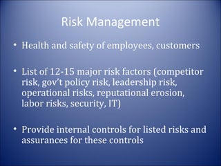 Risk Management
• Health and safety of employees, customers
• List of 12-15 major risk factors (competitor
risk, gov’t policy risk, leadership risk,
operational risks, reputational erosion,
labor risks, security, IT)
• Provide internal controls for listed risks and
assurances for these controls

 