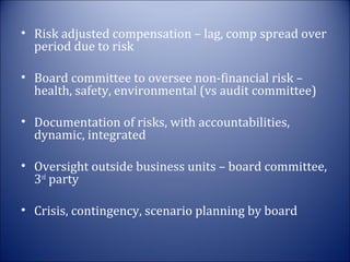 • Risk adjusted compensation – lag, comp spread over
period due to risk
• Board committee to oversee non-financial risk –
health, safety, environmental (vs audit committee)
• Documentation of risks, with accountabilities,
dynamic, integrated
• Oversight outside business units – board committee,
3rd party
• Crisis, contingency, scenario planning by board

 