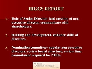 HIGGS REPORT Role of Senior Director- lead meeting of non executive director, communicate with shareholders. training and development- enhance skills of directors. Nomination committee- appoint non executive directors, review board structure, review time commitment required for NEDs.  