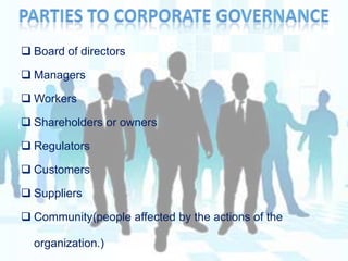 It is generally understood as the framework of rules, relationships, systems and processes  within and by which authority  is exercised and controlled in corporations” Difference between