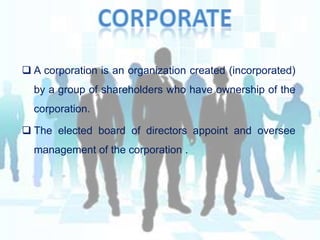 CorporateA corporation is an organization created (incorporated) by a group of shareholders who have ownership of the corporation.
