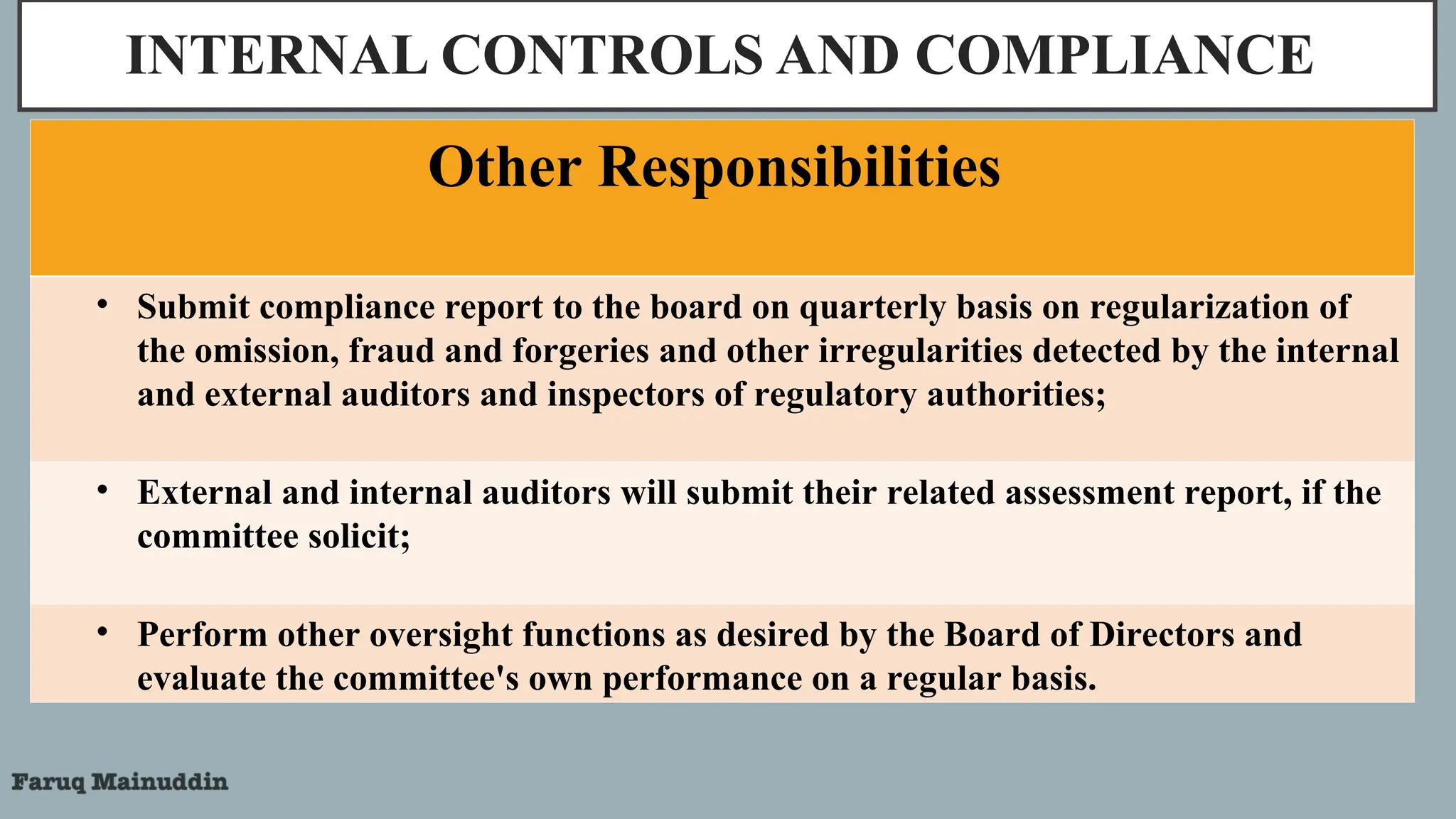 INTERNAL CONTROLS AND COMPLIANCE
Other Responsibilities
• Submit compliance report to the board on quarterly basis on regularization of
the omission, fraud and forgeries and other irregularities detected by the internal
and external auditors and inspectors of regulatory authorities;
• External and internal auditors will submit their related assessment report, if the
committee solicit;
• Perform other oversight functions as desired by the Board of Directors and
evaluate the committee's own performance on a regular basis.
 