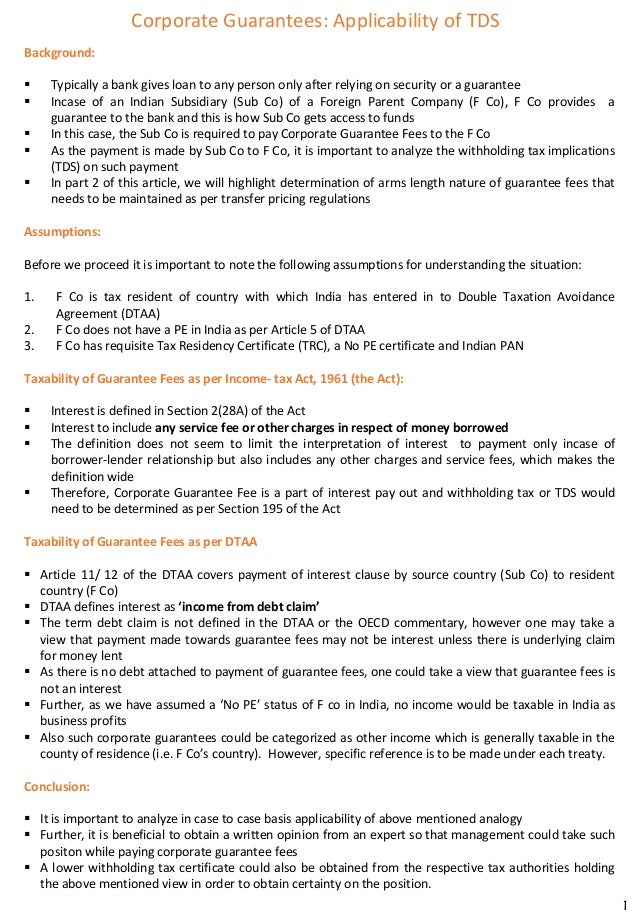 Corporate Guarantee Fees Part 1 Withholding Tax (TDS) Applicability