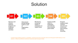 Solution
02 03 04 05
Monitoring ,
screening
health of
employees on
regular basis
Analyze health
status of
employees
and motivate
them towards
good health.
Promote
healthy proper
nutrition,
exercise and
continuous
improvement
strong
immunity.
01
.
Sponsor and
conduct
wellness
program and
employee
wellness
activities
.
Value based
benefit design,
health as part
of
organization
culture
A reward based wellness activity or competition should be part of the corporate culture promoting good health leading to more
attentive , efficient and effective workforce maintaining high employee morale.
 