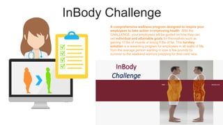InBody Challenge
A comprehensive wellness program designed to inspire your
employees to take action in improving health With the
CHALLENGE, your employees will be guided on how they can
set individual and attainable goals for themselves such as
gaining 10 lbs of muscle or losing 5 lbs of fat. This turnkey
solution is a rewarding program for employees in all walks of life,
from the average person wanting to lose a few pounds by
summer to the weekend warriors prepping for their next race.
InBody
Challenge
 
