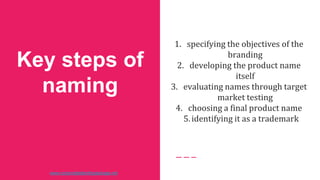 Key steps of
naming
1. specifying the objectives of the
branding
2. developing the product name
itself
3. evaluating names through target
market testing
4. choosing a final product name
5.identifying it as a trademark
www.corporateidentitypackage.net
 