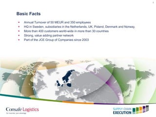 2
Basic Facts
 Annual Turnover of 50 MEUR and 350 employees
 HQ in Sweden, subsidiaries in the Netherlands, UK, Poland, Denmark and Norway.
 More than 400 customers world-wide in more than 30 countries
 Strong, value adding partner network
 Part of the JCE Group of Companies since 2003
 