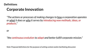 Corporate Innovation
“The actions or processes of making changes to how a corporation operates
or what it does or who it serves by introducing new methods, ideas, or
products.”
or
“the continuous evolution to adapt and better fulfill corporate mission.”
Note: Proposed definitions for the purposes of setting context and/or facilitating discussion
Definitions
 