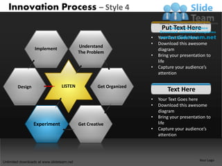 Innovation Process – Style 4

                                                                         Put Text Here
                                                                    •   Your Text Goes here
                                                                    •   Download this awesome
                  Implement                Understand
                                                                        diagram
                                           The Problem
                                                                    •   Bring your presentation to
                                                                        life
                                                                    •   Capture your audience’s
                                                                        attention

        Design                   LISTEN             Get Organized
                                                                            Text Here
                                                                    •   Your Text Goes here
                                                                    •   Download this awesome
                                                                        diagram
                                                                    •   Bring your presentation to
                 Experiment                Get Creative                 life
                                                                    •   Capture your audience’s
                                                                        attention




Unlimited downloads at www.slideteam.net                                                    Your Logo
 