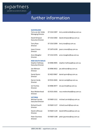 1800 246 801 svpartners.com.au
QUEENSLAND
Terry van der Velde 07 3310 2007 terry.vandervelde@svp.com.au
Managing Director
David Stimpson 07 3310 2002 david.stimpson@svp.com.au
Executive Director
Terry Rose 07 3310 2099 terry.rose@svp.com.au
Director
Jason Cronan 07 5479 6199 jason.cronan@svp.com.au
Director
Anne Meagher 07 3310 2076 anne.meagher@svp.com.au
Director
NEW SOUTH WALES
Stephen Hathway 02 8986 8905 stephen.hathway@svp.com.au
Executive Director
Joe Atkinson 02 8986 8922 joe.atkinson@svp.com.au
Director
Daniel Quinn 02 4023 0847 daniel.quinn@svp.com.au
Director
Darren Vardy 02 9531 8365 darren.vardy@svp.com.au
Director
Ian Purchas 02 8986 8977 ian.purchas@svp.com.au
Director
Ross Mottershead 02 9531 8365 ross.mottershead@svp.com.au
Director
VICTORIA
Michael Carrafa 03 9669 1111 michael.carrafa@svp.com.au
Executive Director
Richard Cauchi 03 9669 1127 richard.cauchi@svp.com.au
Director
David Lofthouse 03 9669 1129 david.lofthouse@svp.com.au
Director
Peter Gountzos 03 9669 1188 peter.gountzos@svp.com.au
Director
further information
 
