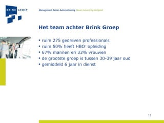 Het team achter Brink Groep ruim 275 gedreven professionals ruim 50% heeft HBO +  opleiding 67% mannen en 33% vrouwen de grootste groep is tussen 30-39 jaar oud gemiddeld 6 jaar in dienst 