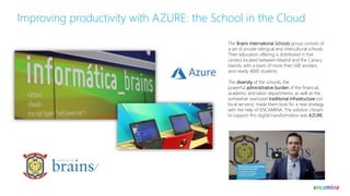 Improving productivity with AZURE: the School in the Cloud
The Brains International Schools group consists of
a set of private bilingual and intercultural schools.
Their education offering is distributed in five
centers located between Madrid and the Canary
Islands, with a team of more than 500 workers
and nearly 4000 students.
The diversity of the schools, the
powerful administrative burden of the financial,
academic and labor departments, as well as the
somewhat oversized traditional infrastructure (on
local servers), made them look for a new strategy
with the help of ENCAMINA. The solution chosen
to support this digital transformation was AZURE.
 