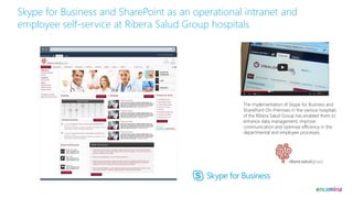 Skype for Business and SharePoint as an operational intranet and
employee self-service at Ribera Salud Group hospitals
The implementation of Skype for Business and
SharePoint On-Premises in the various hospitals
of the Ribera Salud Group has enabled them to
enhance data management, improve
communication and optimize efficiency in the
departmental and employee processes.
 