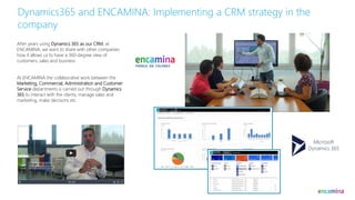 Dynamics365 and ENCAMINA: Implementing a CRM strategy in the
company
After years using Dynamics 365 as our CRM, at
ENCAMINA, we want to share with other companies
how it allows us to have a 360-degree view of
customers, sales and business.
At ENCAMINA the collaborative work between the
Marketing, Commercial, Administration and Customer
Service departments is carried out through Dynamics
365 to interact with the clients, manage sales and
marketing, make decisions etc.
 
