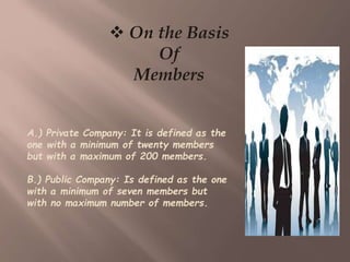 On the Basis
Of
Members
A.) Private Company: It is defined as the
one with a minimum of twenty members
but with a maximu...