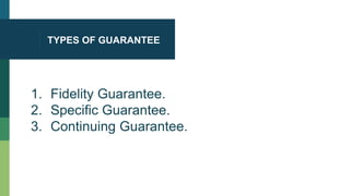 TYPES OF GUARANTEE
1. Fidelity Guarantee.
2. Specific Guarantee.
3. Continuing Guarantee.
 