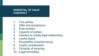 ESSENTIAL OF VALID
CONTRACT
1. Two parties.
2. Offer and acceptance.
3. Free consent.
4. Capacity of parties.
5. Intention to create legal relationship.
6. Lawful object.
7. Possibilities of performance.
8. Lawful consideration.
9. Certainty of meaning.
10. Legal formalities.
 