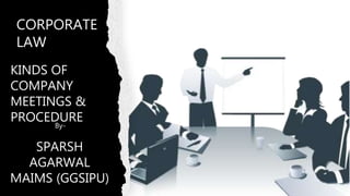 CORPORATE
LAW
KINDS OF
COMPANY
MEETINGS &
PROCEDURE
By-
SPARSH
AGARWAL
MAIMS (GGSIPU)
 