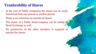 Tranferability of Shares
 In the case of Public companies the shares can be easily
transferred from one person to another person.
 There is no restriction on transfer of shares.
 The shares of a Public listed company can be traded on
Stock Exchange as well.
 No permission of the other members is required to
transfer the shares.
16
 