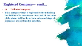 Registered Company--- conti…
× c) Unlimited company:
× It is a company which is registered without limiting
the liability of its members to the extent of the value
of the shares held by them. Now a days such type of
companies are not found in pakistan.
23
 