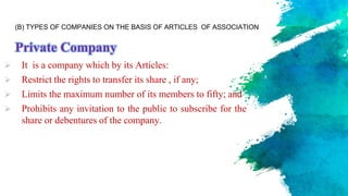 Private Company
 It is a company which by its Articles:
 Restrict the rights to transfer its share , if any;
 Limits the maximum number of its members to fifty; and
 Prohibits any invitation to the public to subscribe for the
share or debentures of the company.
(B) TYPES OF COMPANIES ON THE BASIS OF ARTICLES OF ASSOCIATION
 